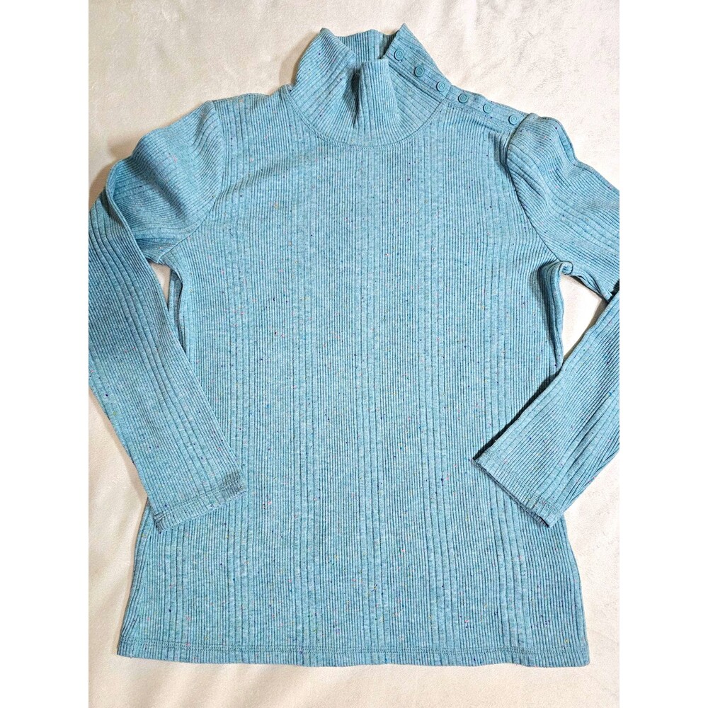 T by Talbots Ribbed Turtleneck Sweater MP Blue Confetti Snap Shoulder Top